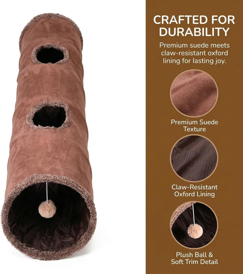 51"x 12" Collasiple Cat Play Tunnel, Cats Tubes and Tunnels, Cat Foldable Hide and Seek Tunnel Toy, Brown Suede Pet Tube