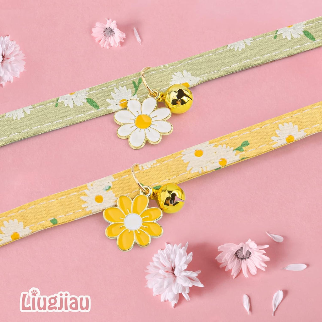2 Pack Cotton Breakaway Cat Collar with Bell Yellow&Green Flowers Pendant Cute Kitten Cat Collar Suitable for Girls and 