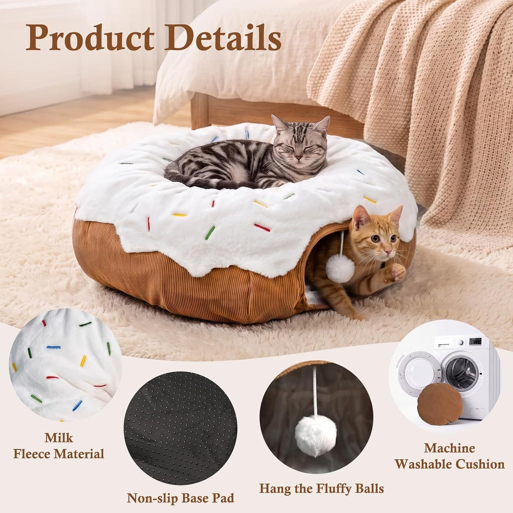 Donut Cat Bed Tunnel for Indoor Cats with Hanging Pom Pom Toy