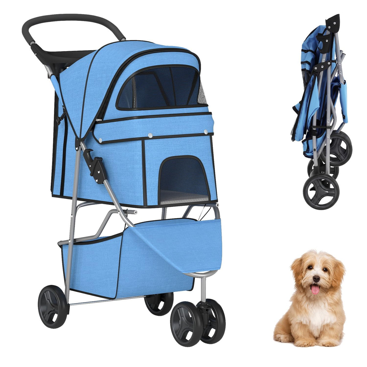 NChanmar 3-Wheel Pet Stroller Foldable Dog and Cat Stroller Black