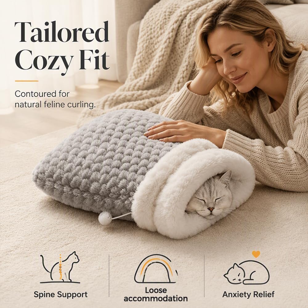 Cat Sleeping Bag for Indoor Cats, Plush Cave Bed, Machine Washable