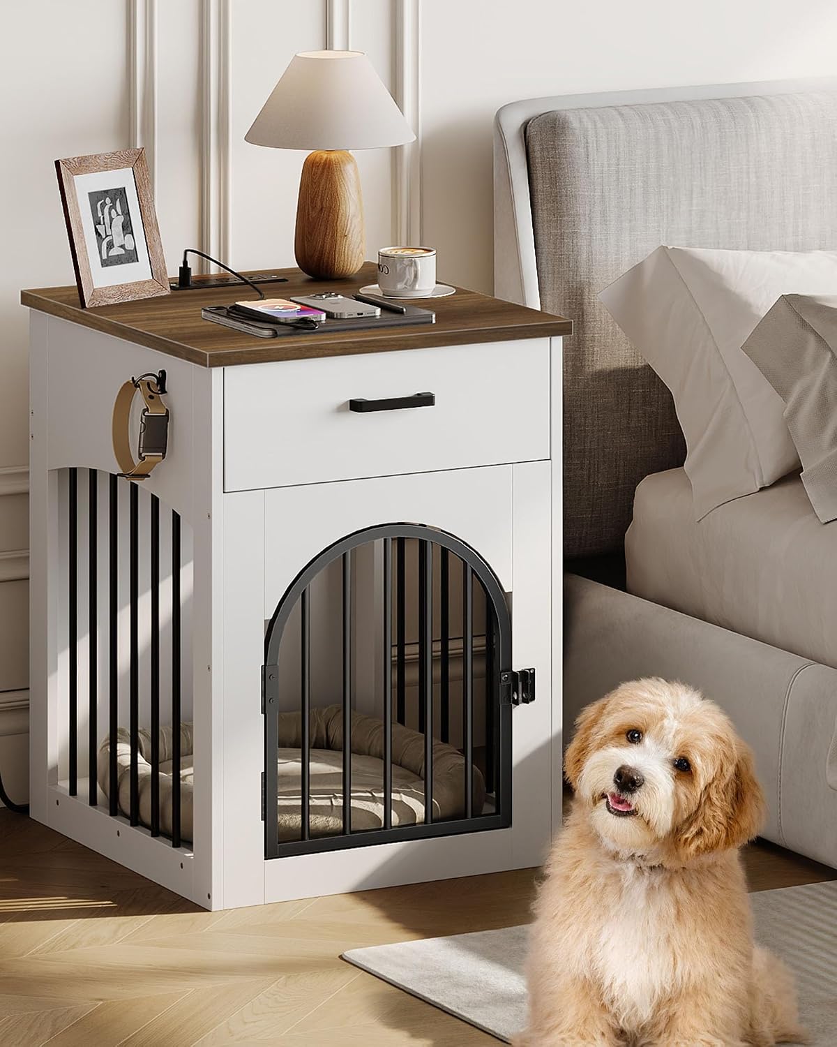 CHOEZON Dog Crate Furniture, Wooden Dog Kennel with Charging Station and Storage Drawer, Indoor Pet Crate End Table for 