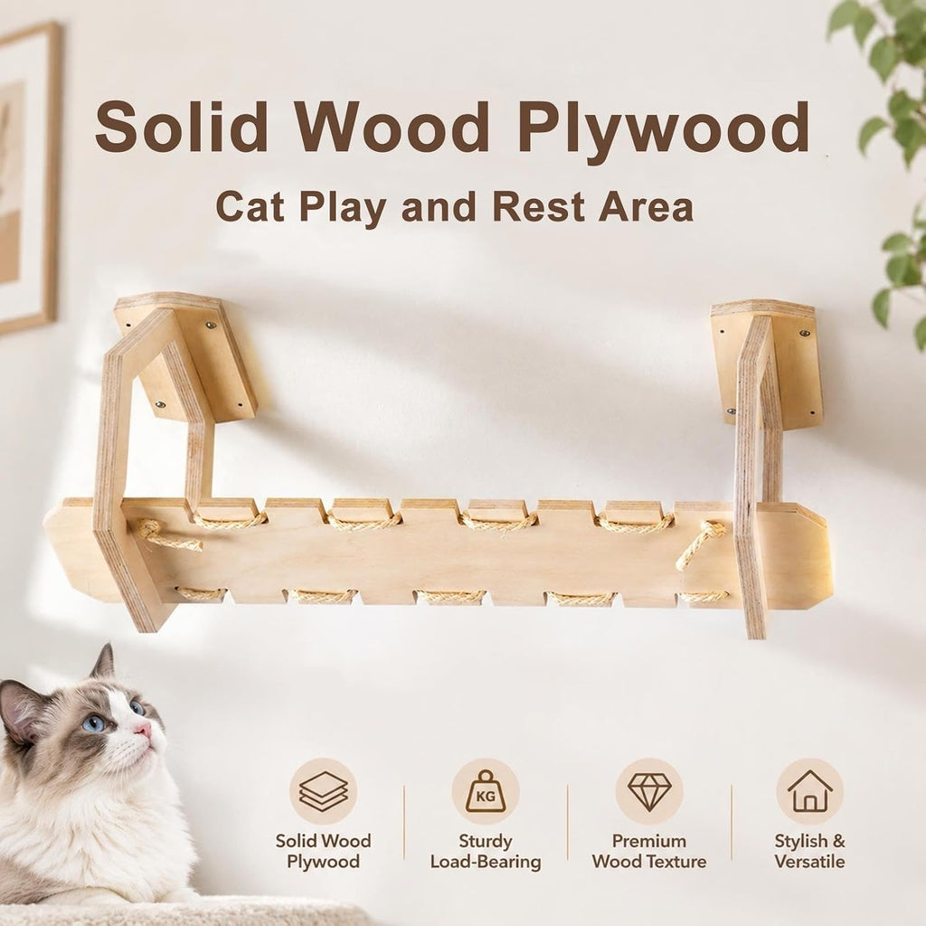 Wooden Ceiling Mounted Cat Bridge, DIY Cat Wall Shelves with Rope Walkway