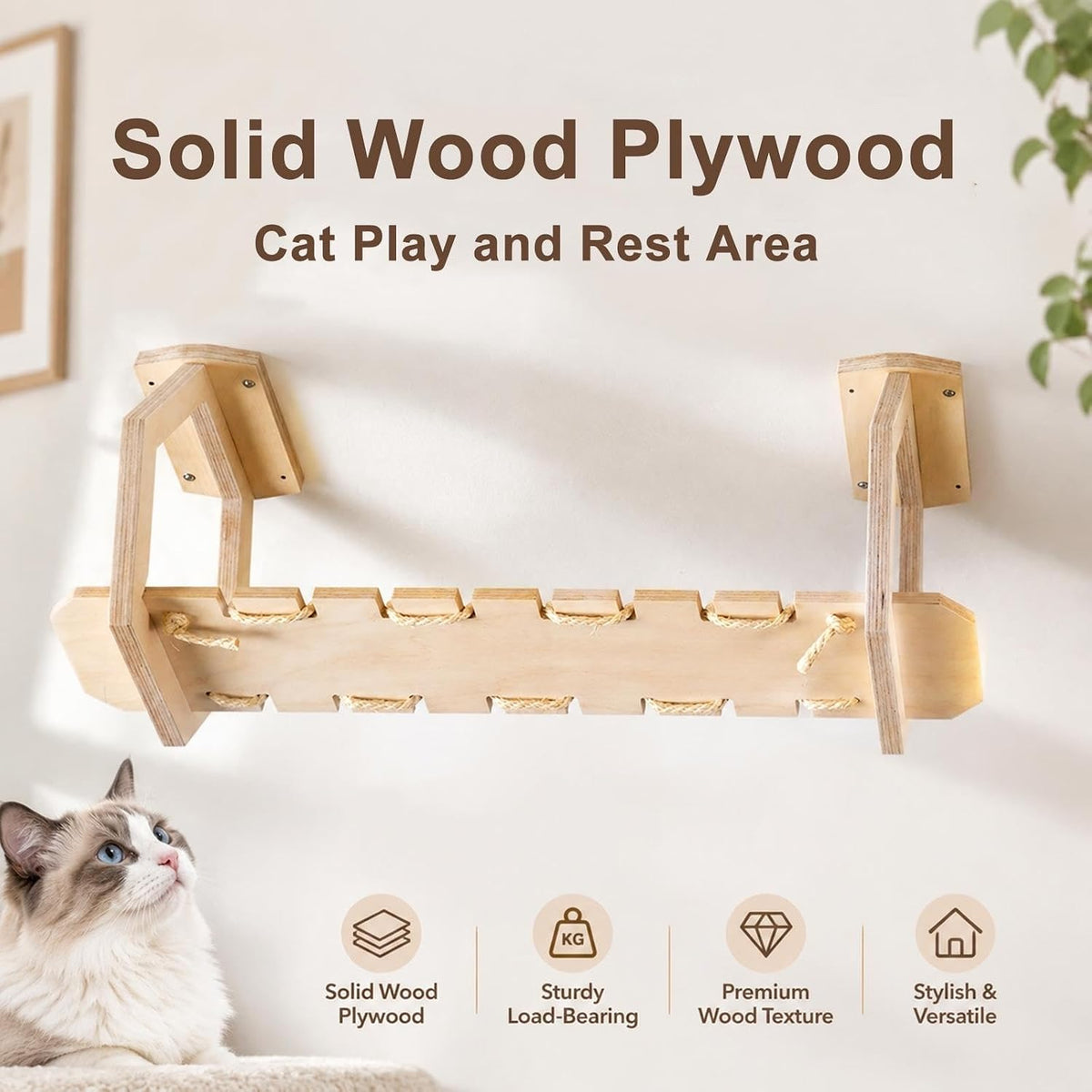 Wooden Ceiling Mounted Cat Bridge, DIY Cat Wall Shelves with Rope Walkway