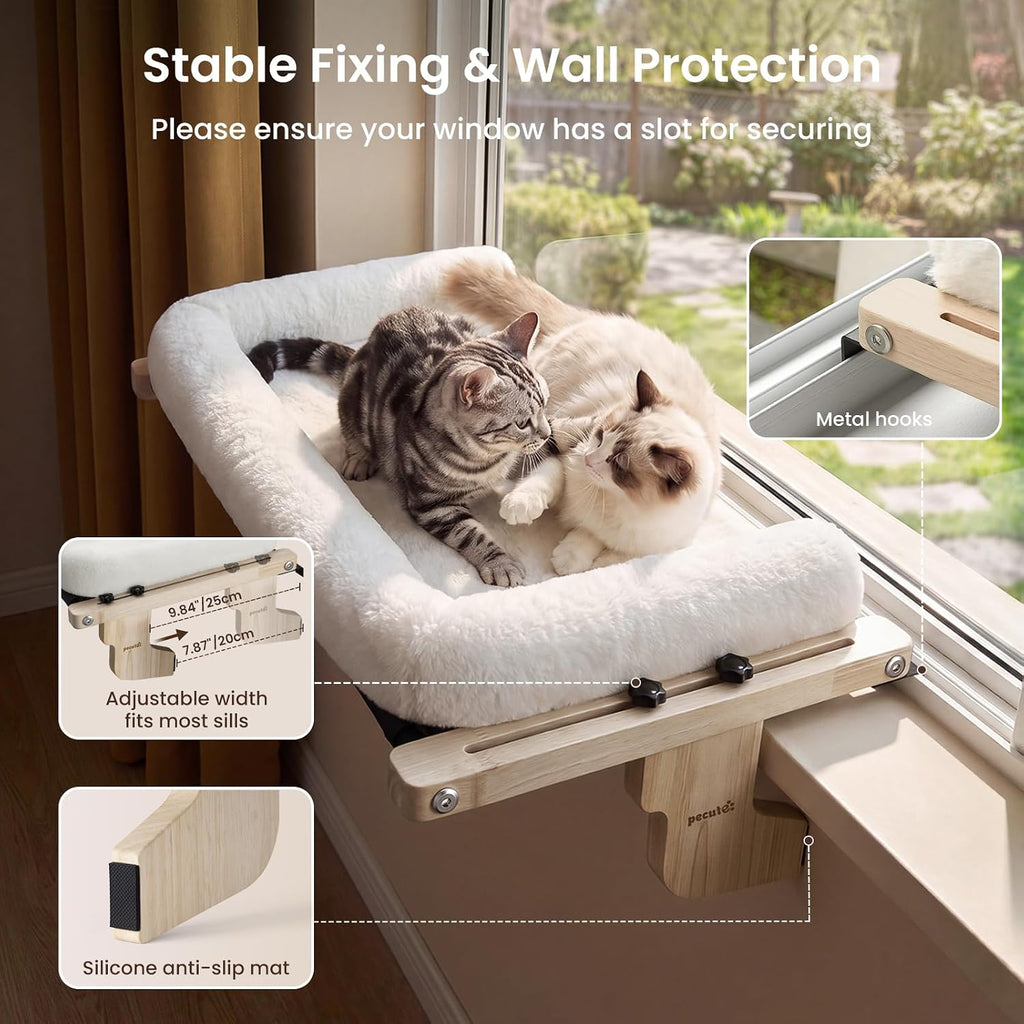 Pecute Cat Windowsill Perch, Cloud-Soft Cat Bed with Wood Frame, 18.9"L