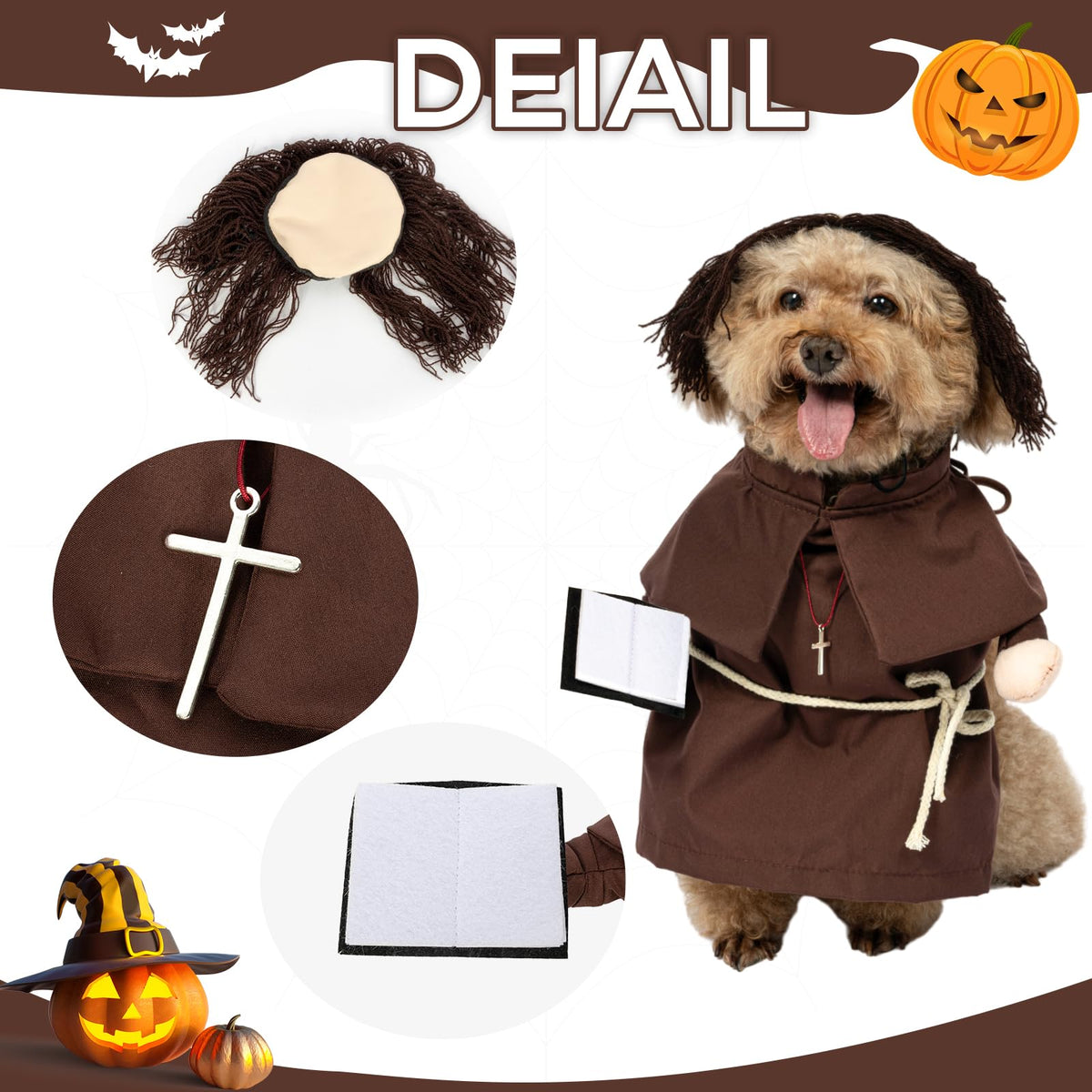 NACOCO Halloween Dog Priest Costume - Pet Minister Clothes Cat Funny Pope Clergy Outfit Apparel Adjustable for Small Medium and Large Dogs(Brown Priest, M)