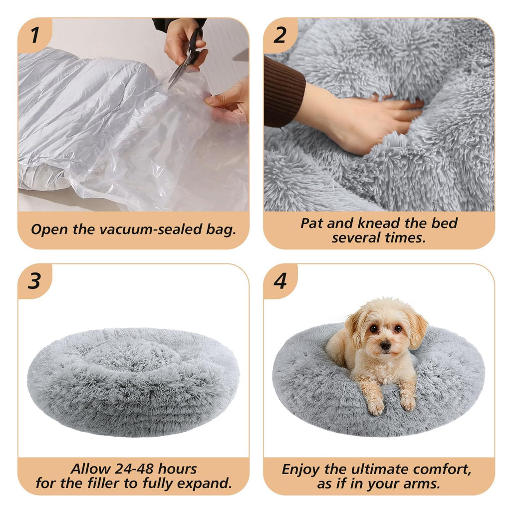 JOLLYVOGUE Calming Dog Bed Medium Size Dog, 31in Donut Washable Medium Pet Bed, Anti-Slip & Anti-Anxiety Fluffy Faux Fur Round Dogs Bed, Fits up to 45 lbs Pets (Smoke Grey)