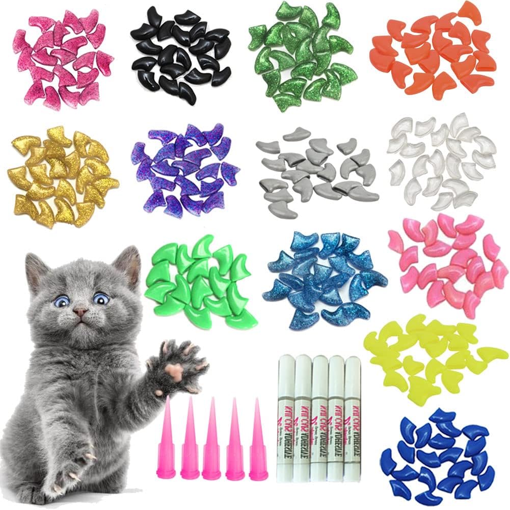 YMCCOOL 100pcs Cat Nail Caps/Tips Pet Cat Kitten Paws Covers Control Paws of 10 Nails Caps and 5Pcs Adhesive Glue 5 Appl
