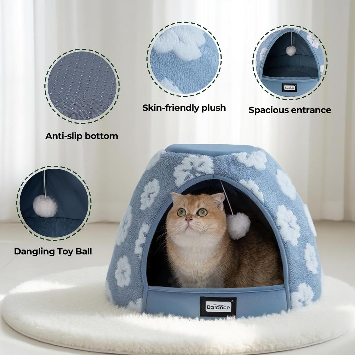BALANCE Cat Beds for Indoor Cats, 2-in-1 Cat Bed Cave with Anti-Slip Bottom and Ultra-Soft Plush, Cozy Cats House Tent f