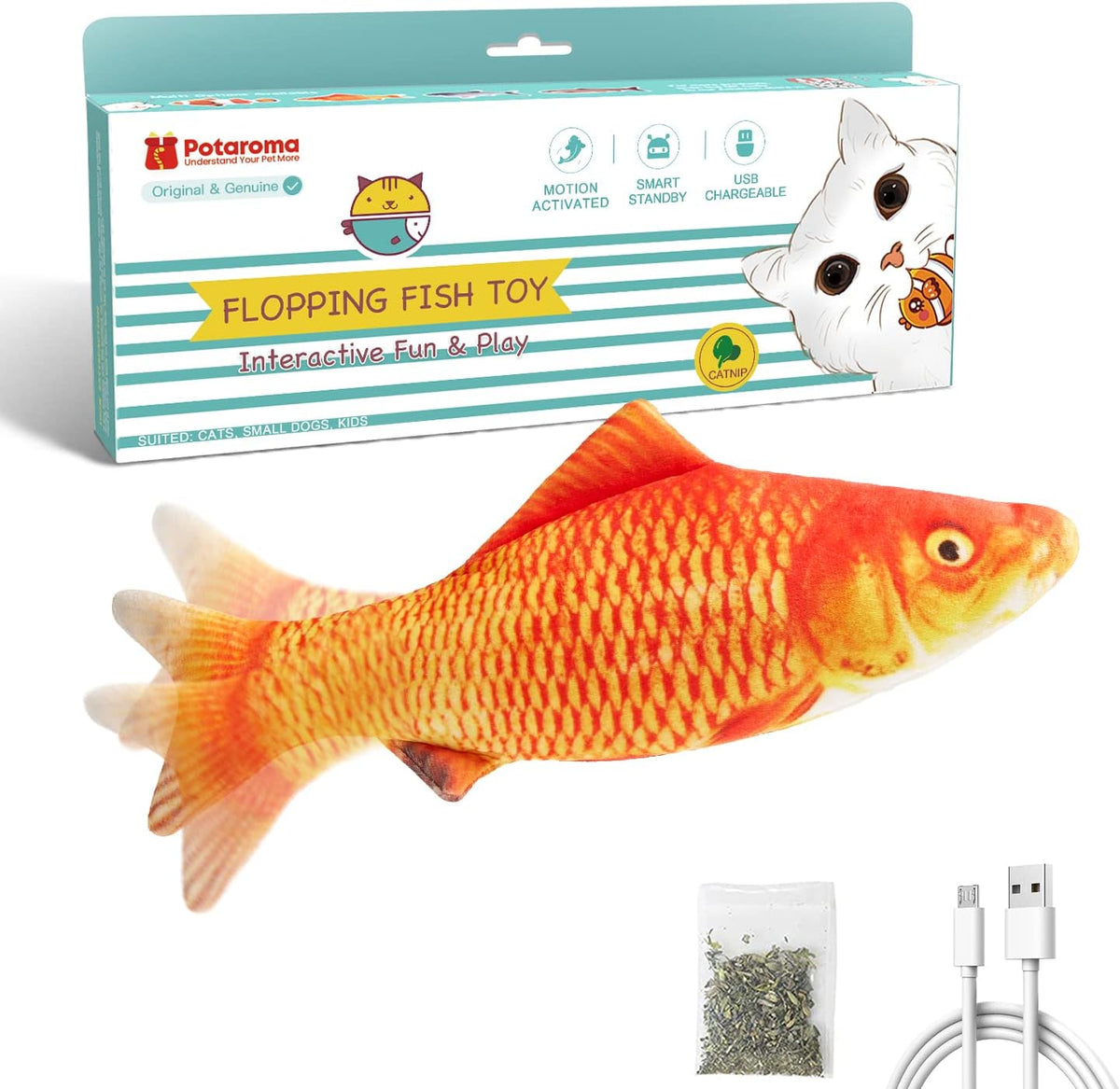 Potaroma Cat Toys Flopping Fish with Catnip, Moving Kitten Kicker, Floppy Wiggle Carp for Small Dogs, Interactive Motion