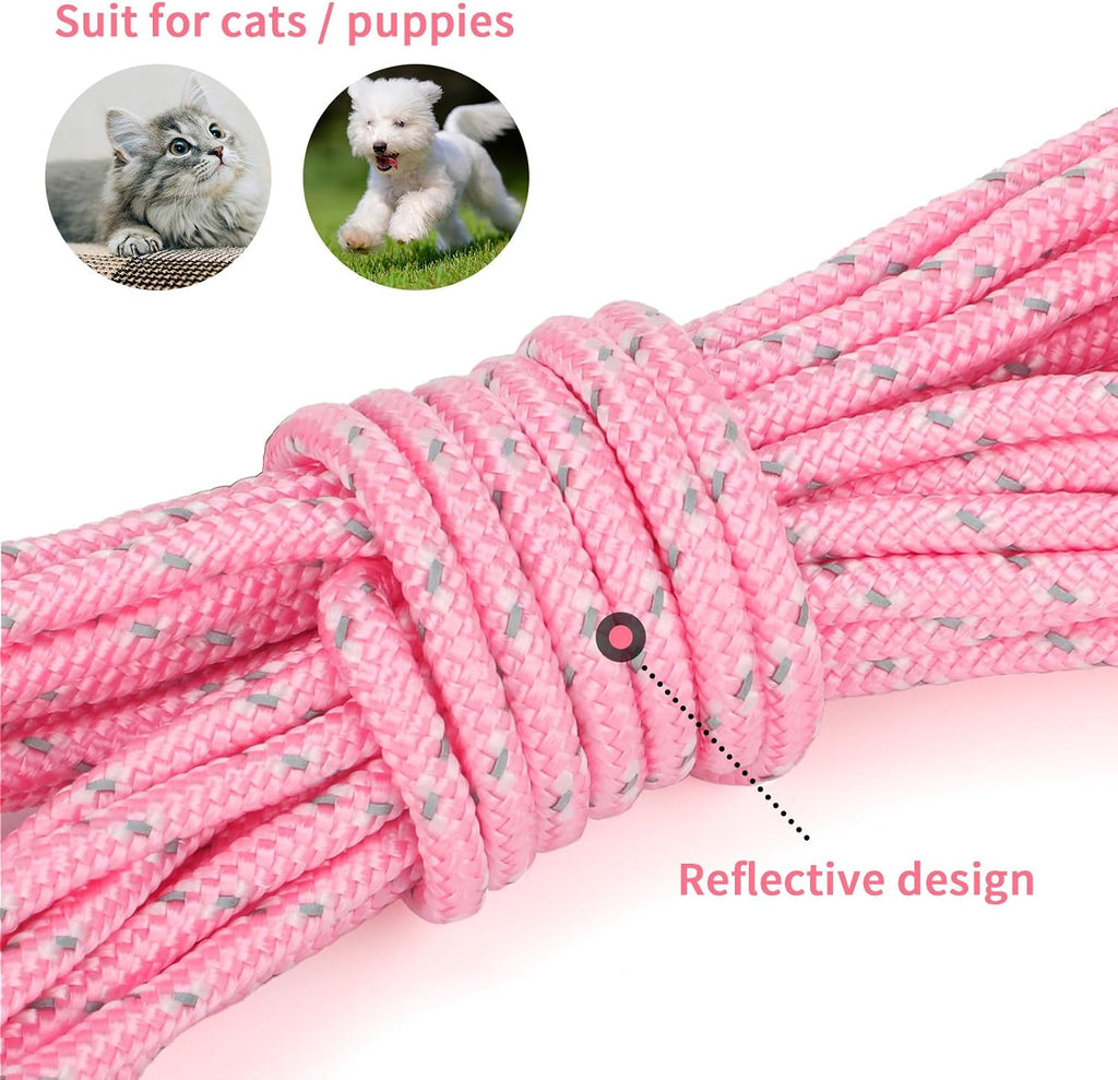 Reflective Cat Long Leash 15 FT, Outdoor Backyard Cat Tie Out Lead, Pink