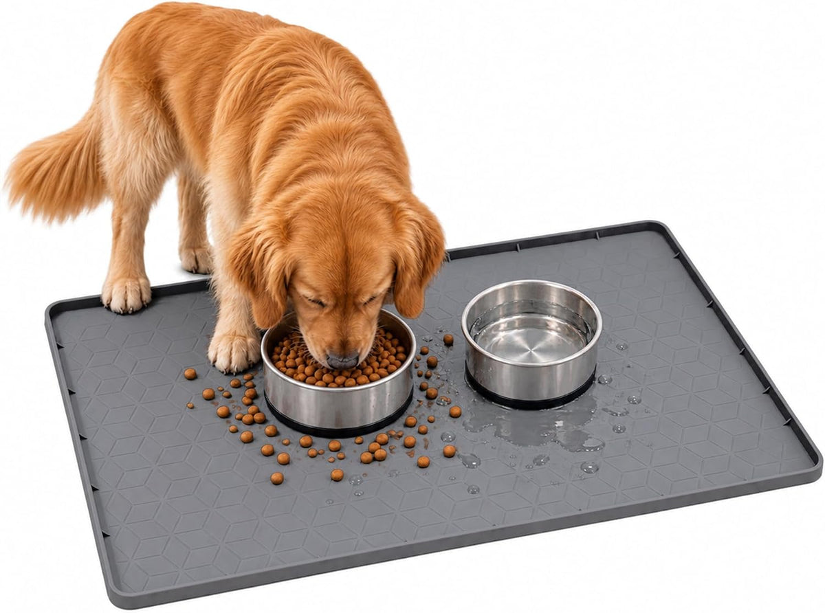 Silicone Pet Feeding Mat, Waterproof Surface and Raised Edges - 16" X 24", Black
