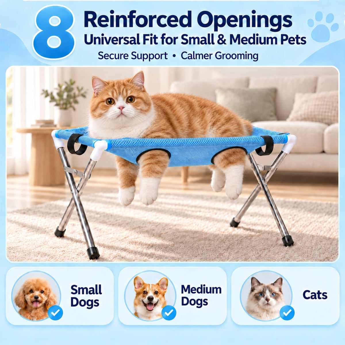 Dog Grooming Hammock Stand, Foldable Bath Sling Holder for Dogs Cats(Blue)