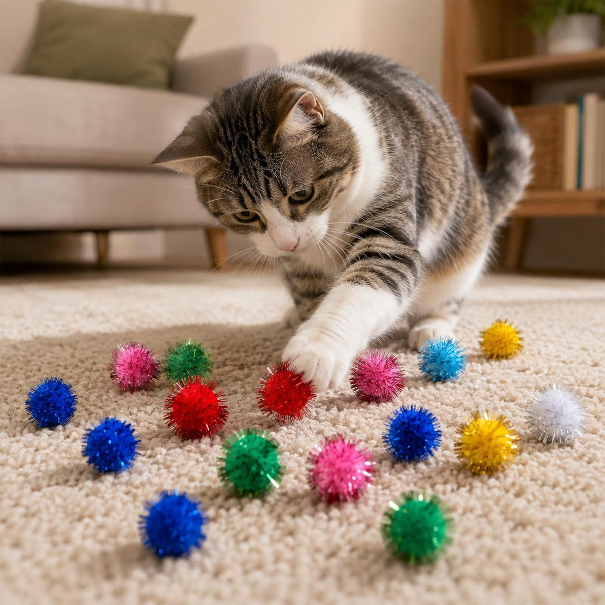 50Pcs Glitter Pom Poms,1.2Inch Cat Sparkle Balls Puff Balls for Cat