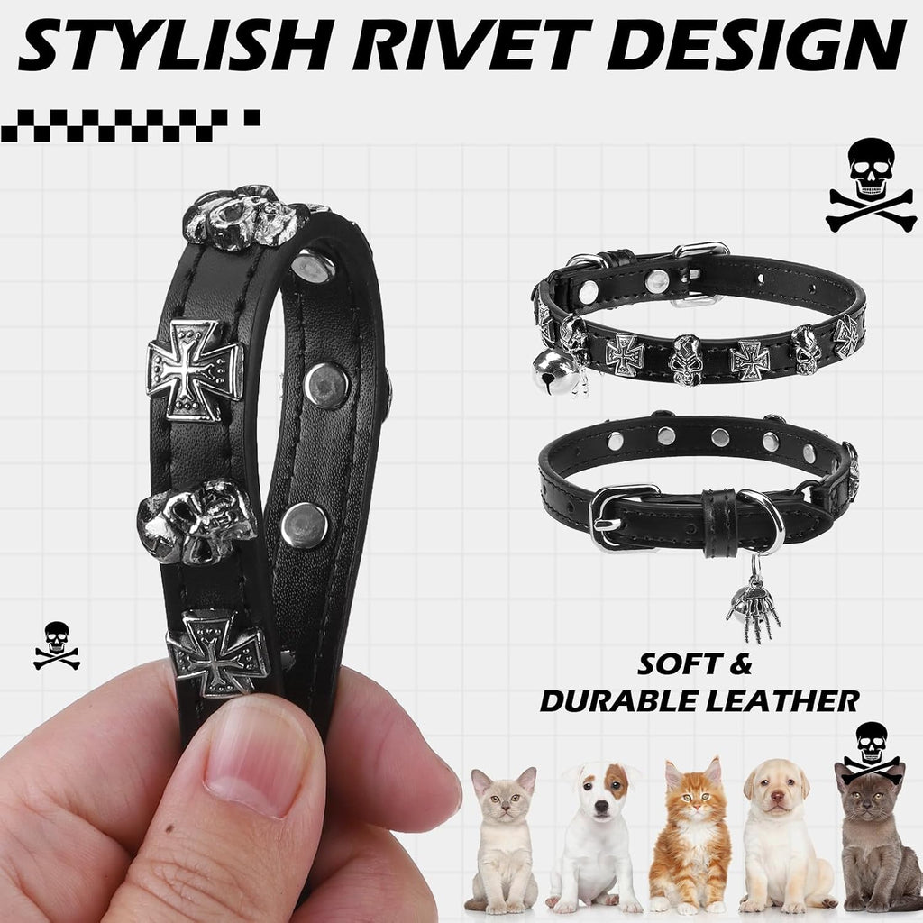 Leather Cat Collar for Girl Boy Cats,Black(Skull)
