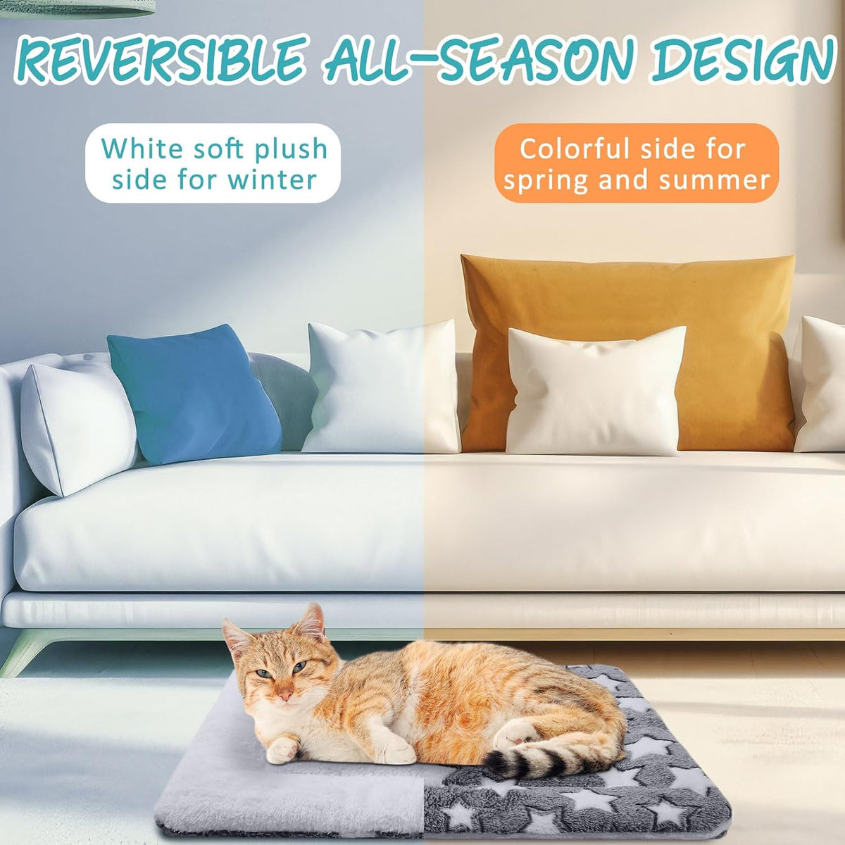 2 Pack Self Warming Cat Dog Bed Pad, Grey, 21" X 14", Stars