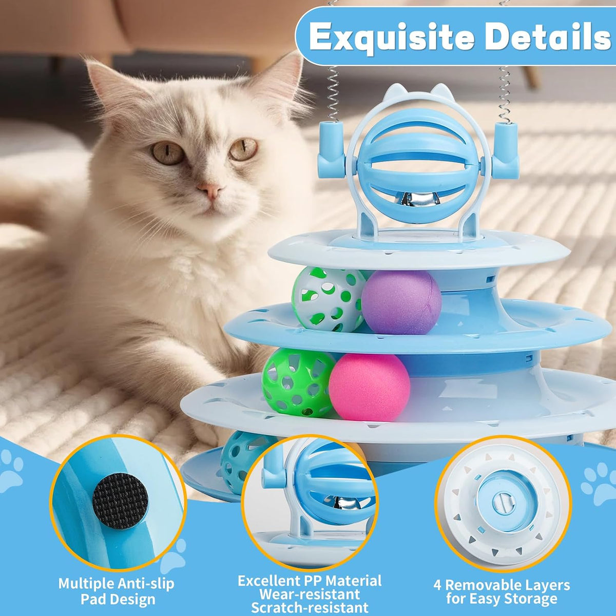 Interactive Cat Toys Kitten Puzzle Ball with 2 Cat Teasers (Blue)