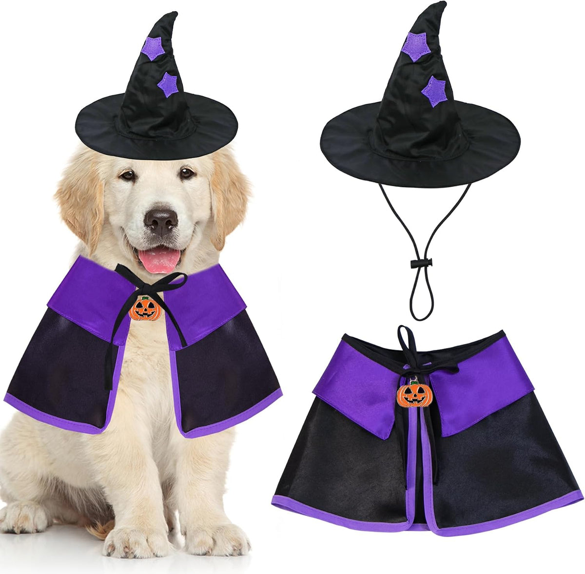 GOYOSWA Dog Halloween Costumes, Dog Witch Costume Halloween Dog Witch Cloak Cape Wizard Hat Halloween Costumes for Small