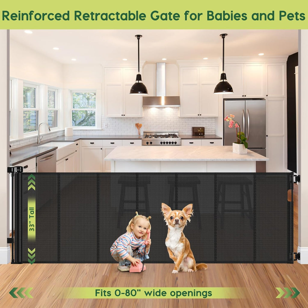 Reinforced 80 Inch Retractable Baby Gate Extra Wide Baby Gate for Wide Openings, Indoor/Outdoor Retractable Dog Gate for
