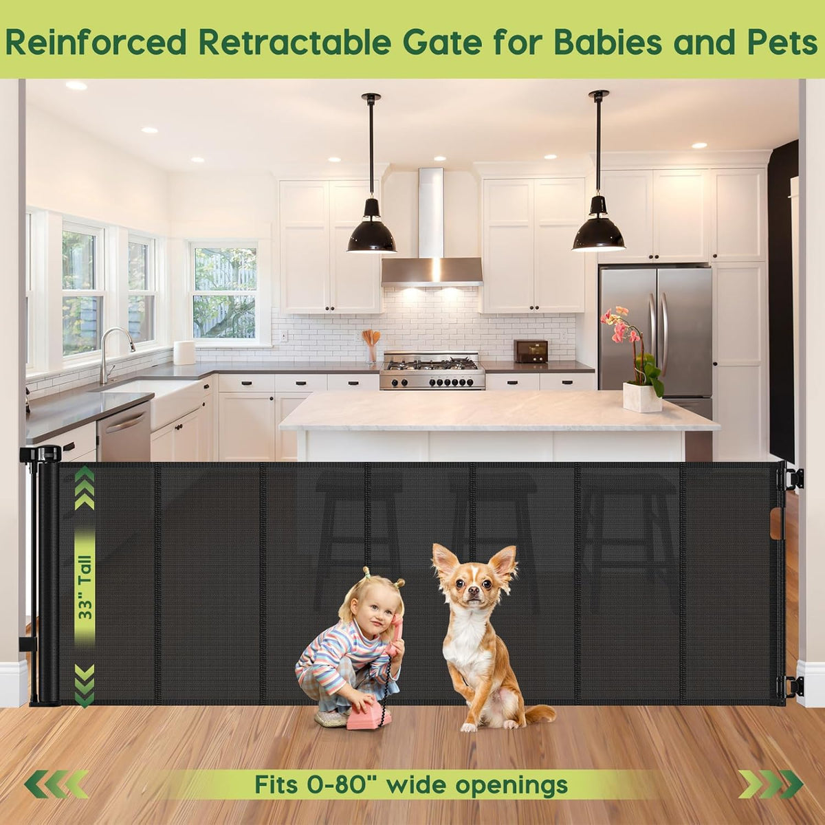 Reinforced 80 Inch Retractable Baby Gate Extra Wide Baby Gate for Wide Openings, Indoor/Outdoor Retractable Dog Gate for
