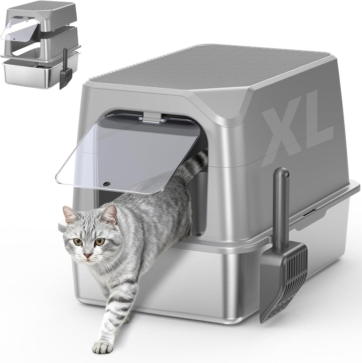 Stainless Steel Cat Litter Box, XL High Sided Open Top Litter Pan, 1 Scoop