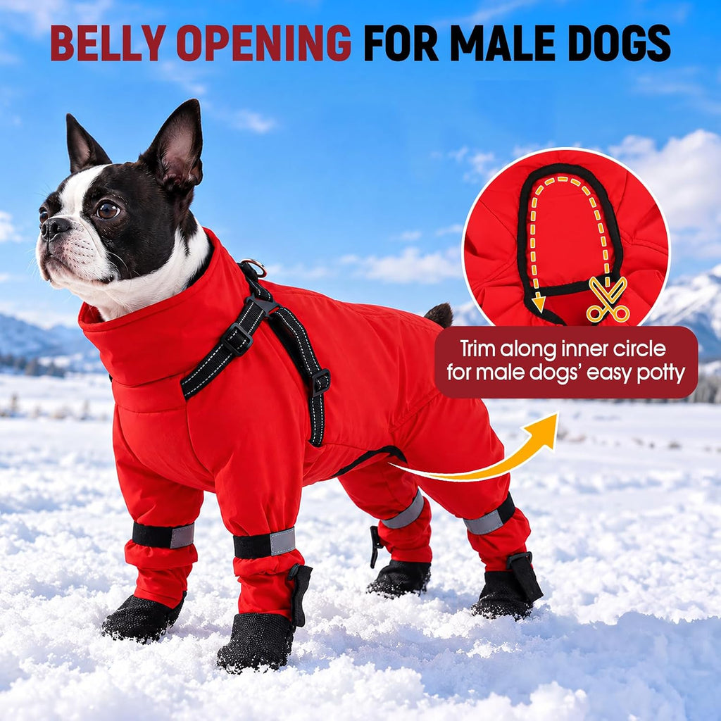 Dog Snowsuit with Attached Boots, Full Body Dog Coat with Built-in Harness