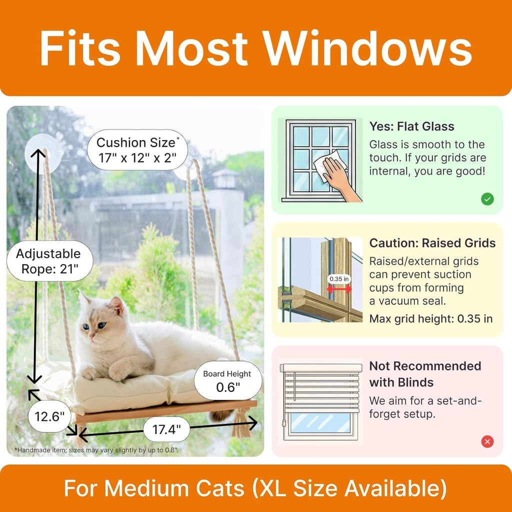 Cat Window Perch with Industrial-Grade Suction Cups - Solid Pine Wood Hammock Bed, Soft Cushion - 42 lb Capacity for Cat