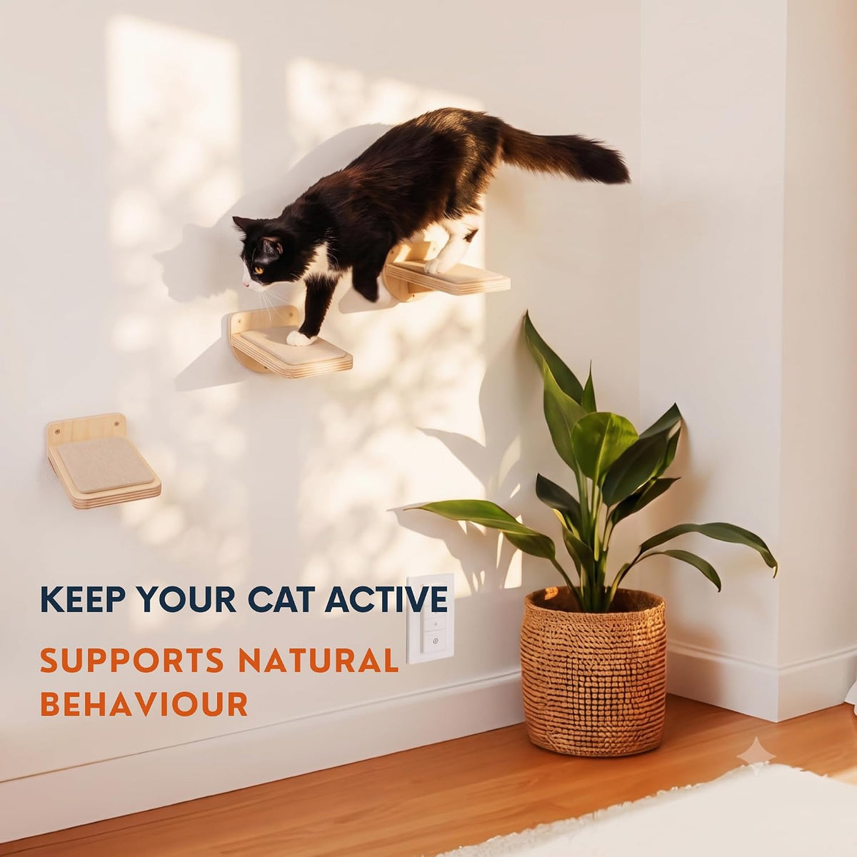 INICIO Cat Wall Steps - 3 Pack of Stairs for Cats to Climb - Natural Wood
