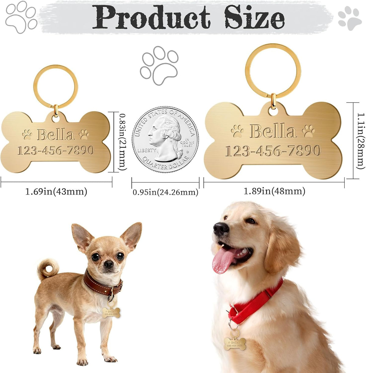 Personalized Brass Dog Tag, Custom Engraved Pet ID Tag Bone
