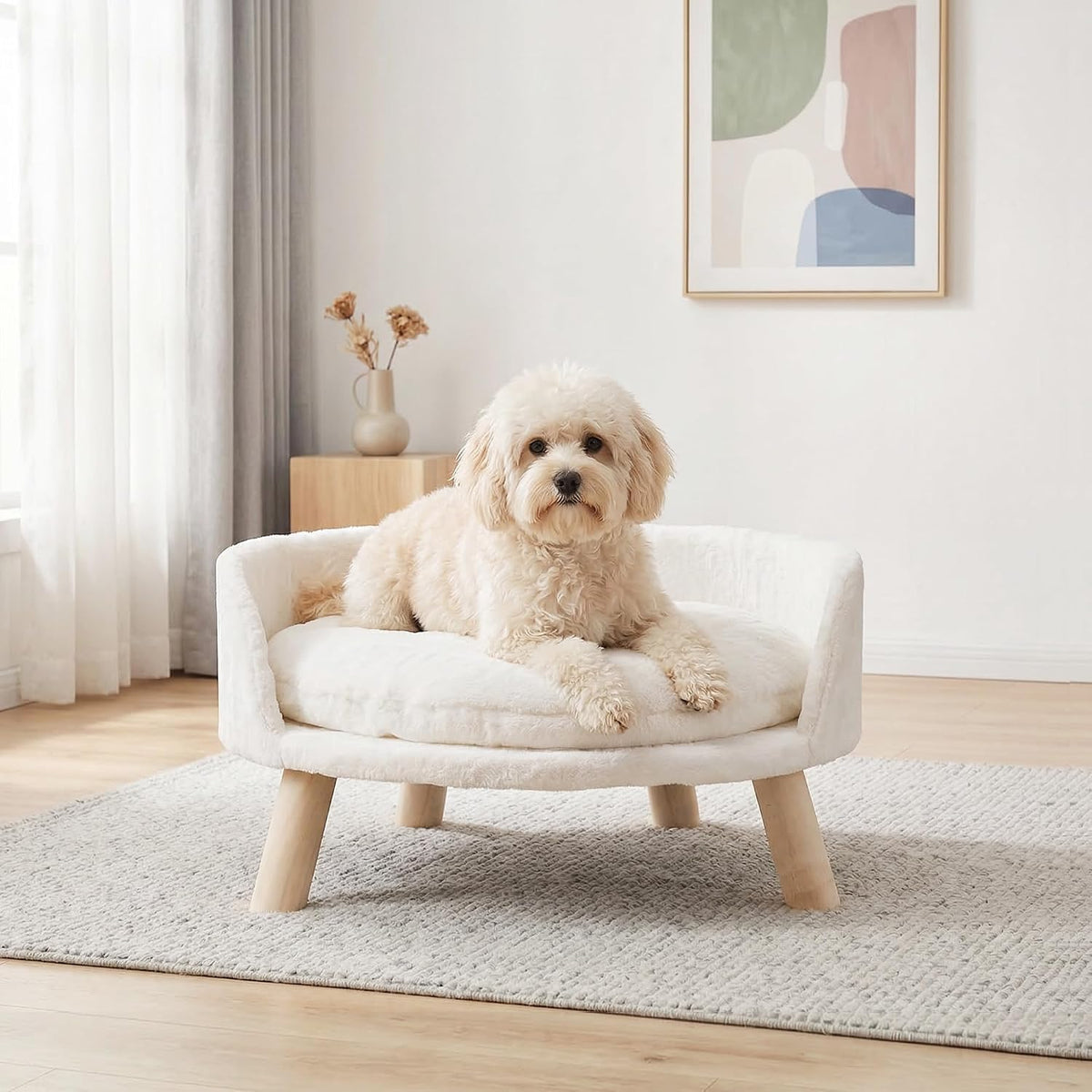Happy & Polly Cat and Dog Sofa Bed, Cream, Plush, 21 in, Removable Cushion (Large)