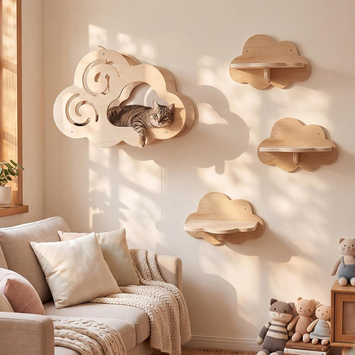 Lineshading Cloud Shaped cat Wall Shelves for Indoor Cats Wood 15 x 11 Inch