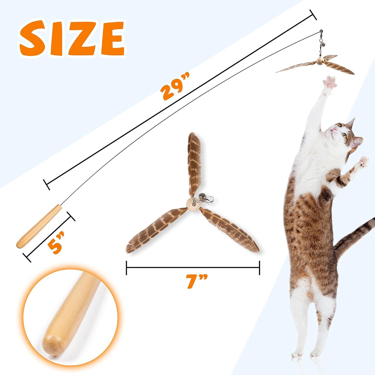 JXFUKAL Cat Wand Toys, Interactive Cat Toys with 3 Feather Refills, 29'' Flexible Steel Wire, Sturdy Wood Handle & Bell 