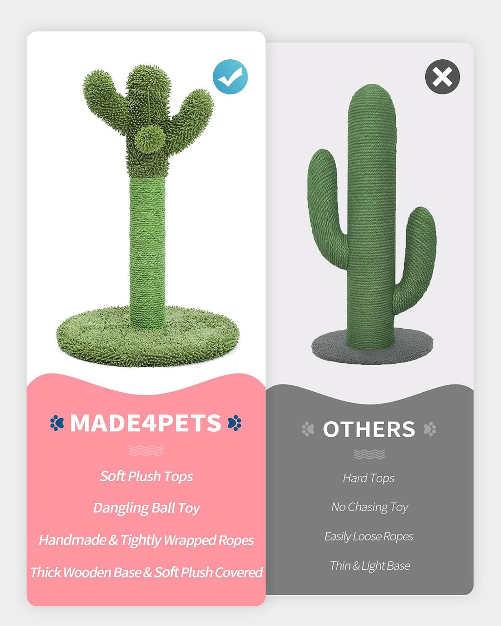 Made4Pets Cactus Cat Scratching Post for Indoor Cats with Plush Ball, 25.6"