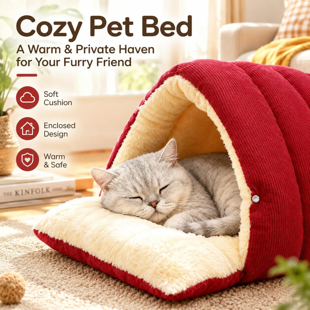 Cat Houses Bed for Indoor Cats, Cat Bed Cave Cat House (Red, S)