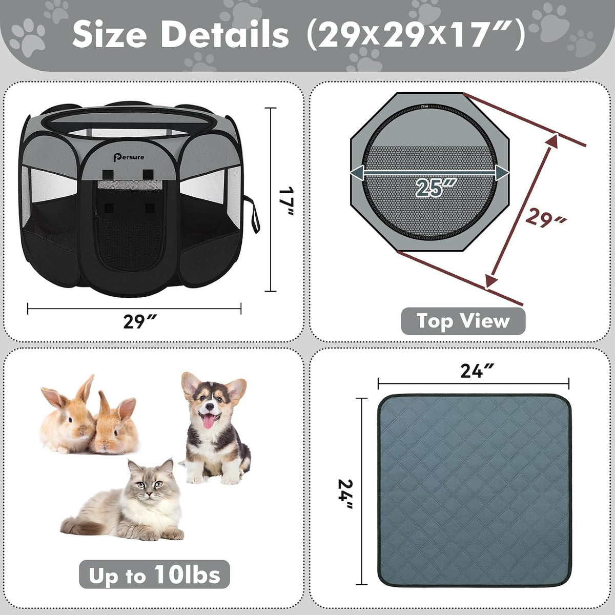 Persure Cat Dog Playpen Tent Crate Cage with Pee Pad, Dark Grey Small