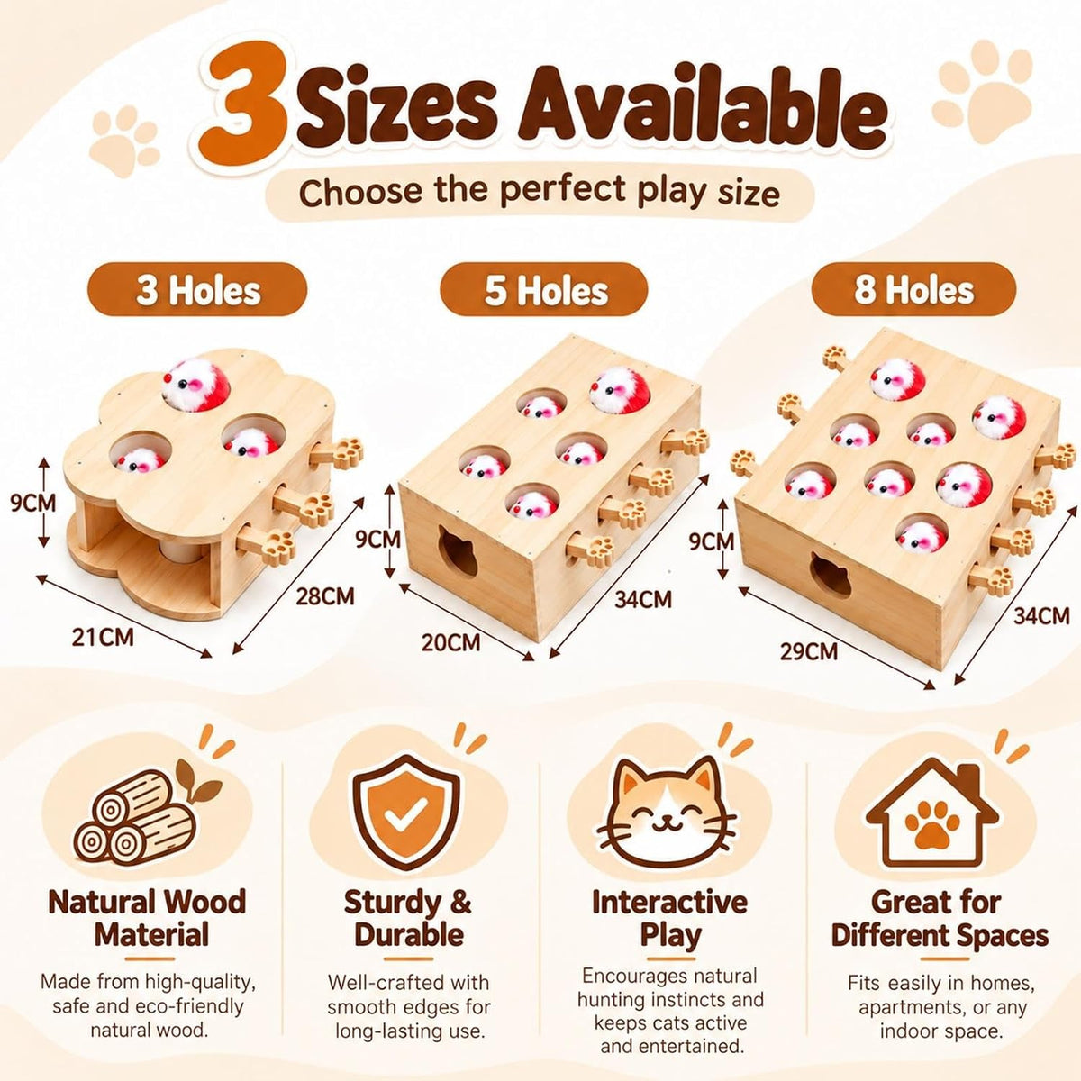 Wooden Whack a Mole Cat Toy Interactive Pop Up Mouse Hunting Game