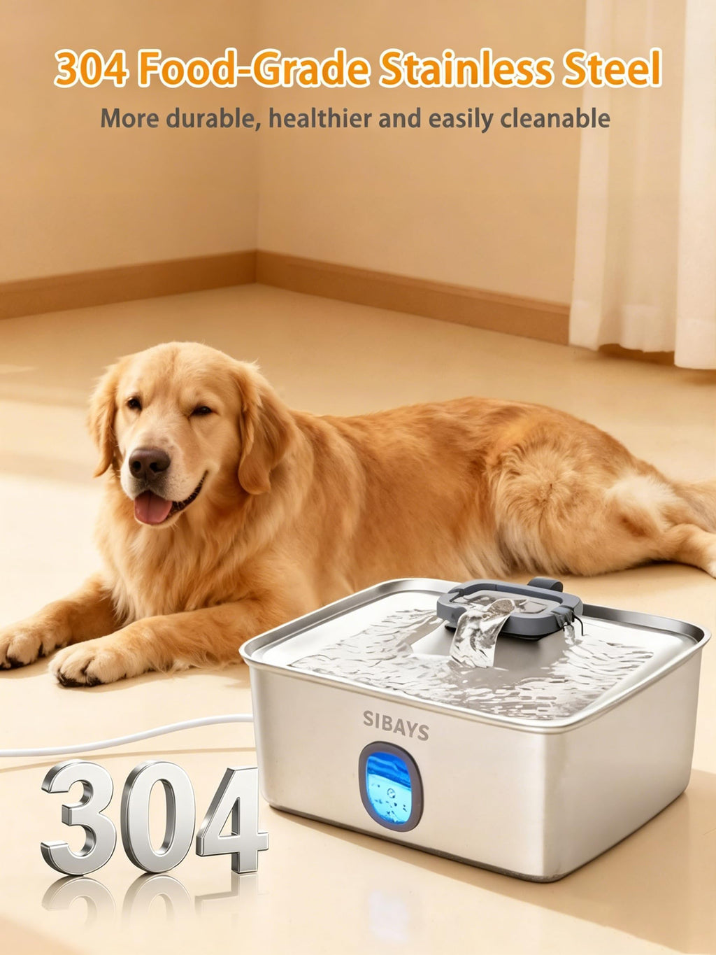 SIBAYS Large Dog Water Fountain, 4Gal/15L Large Capacity Stainless Steel Dog Water Bowl Dispenser for Large Dogs & Multi-Pet, Ultra Quiet Automatic Pet Water Fountain with Water Window& LED Light FS76