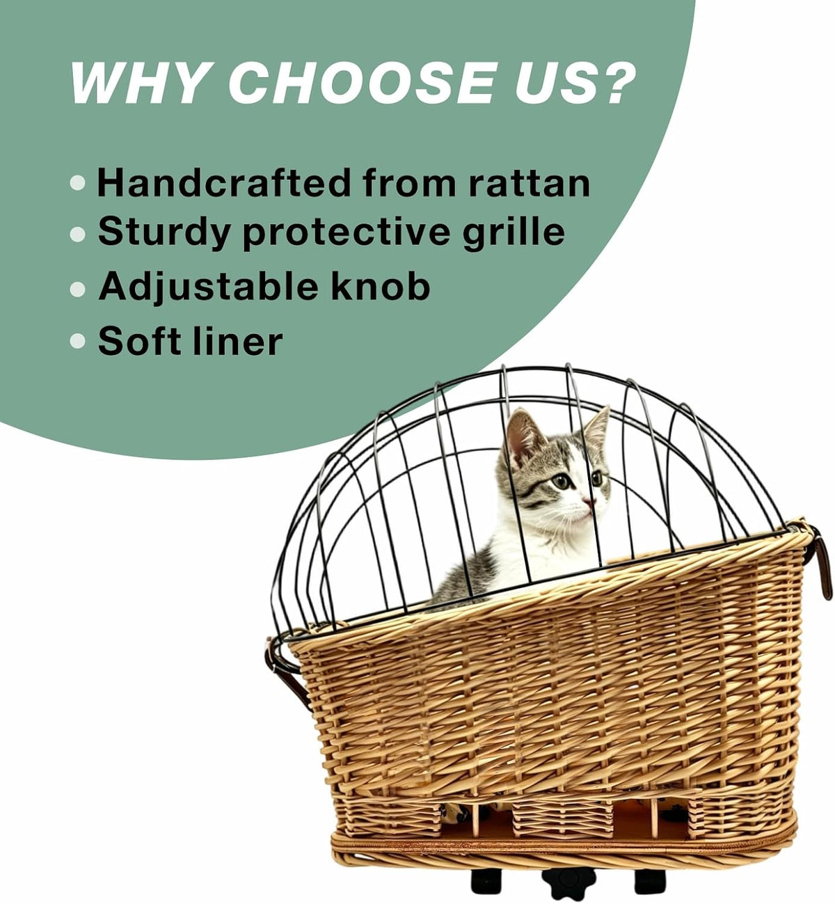 Wicker Dog Bike Basket with Protective Grille, Rear Carrier for Small Pet