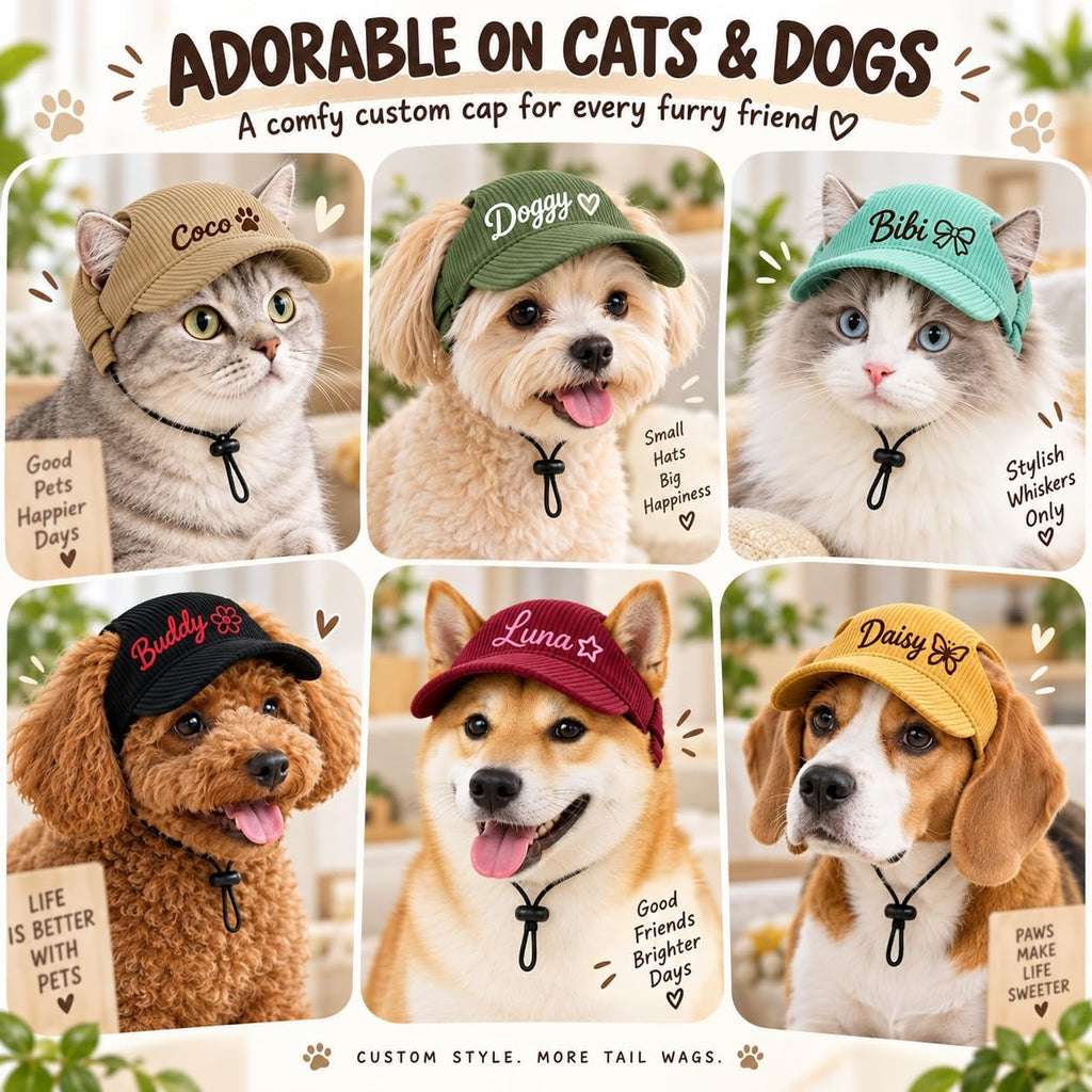 Personalized Dog & Cat Hat, Custom Embroidered Corduroy Cap with Ear Holes