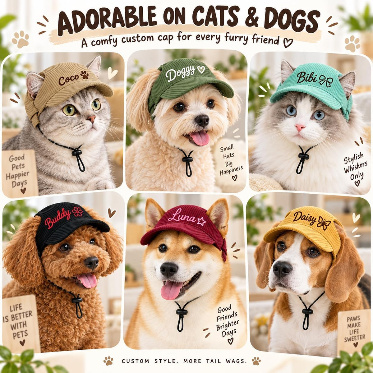 Personalized Dog & Cat Hat, Custom Embroidered Corduroy Cap with Ear Holes