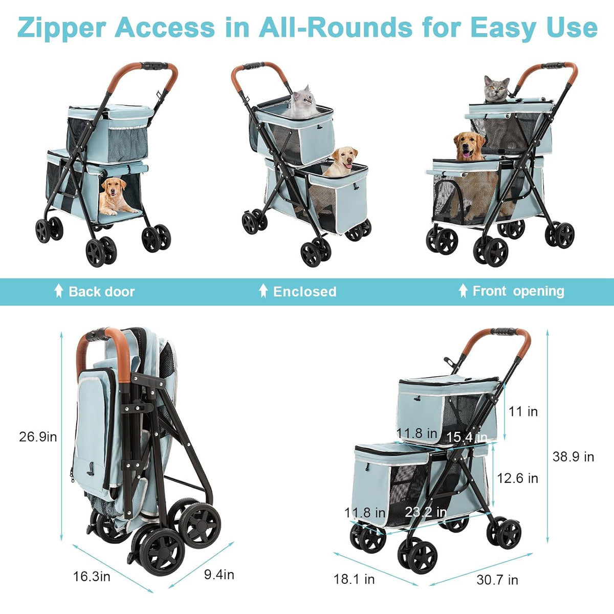 Double Pet Stroller for 2 Dogs & Cats, Double-Decker, Blue