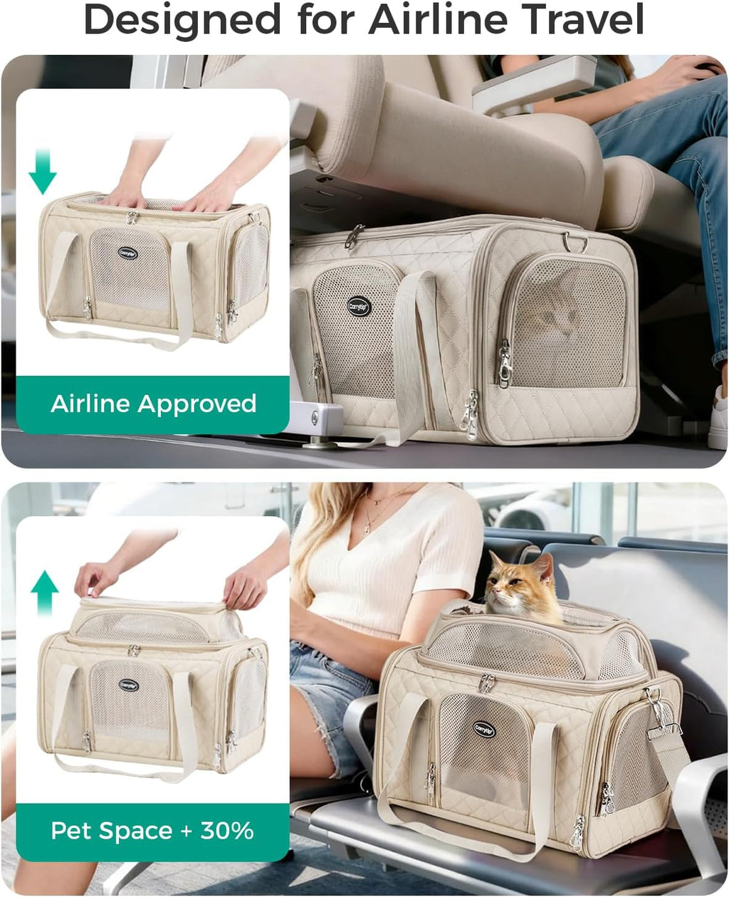 Airline Approved Cat Carrier with Expandable Top, 17x11x9.5in, Ivory White‌