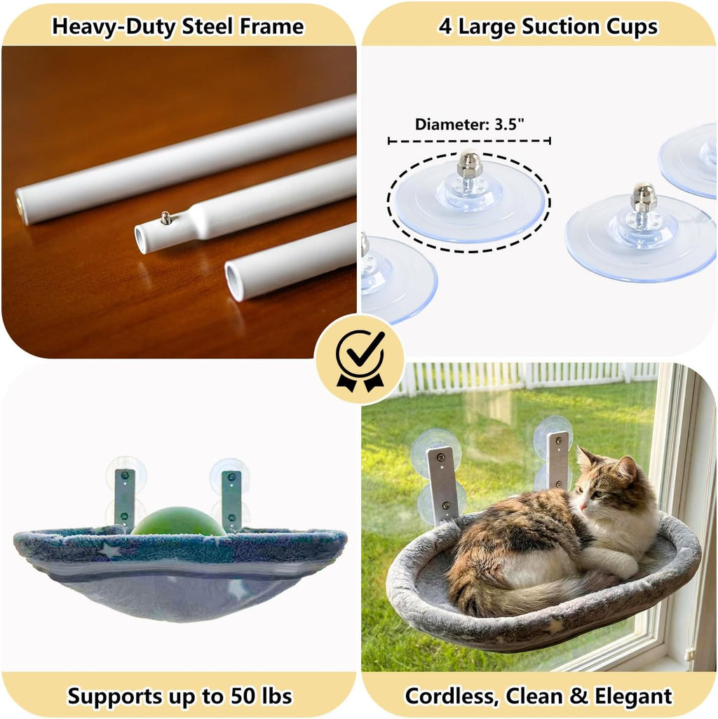 Cat Window Perch Hammock - Glow in the Dark Cordless Foldable Pet Bed with Sturdy Metal Frame & Strong Suction Cups, Sta