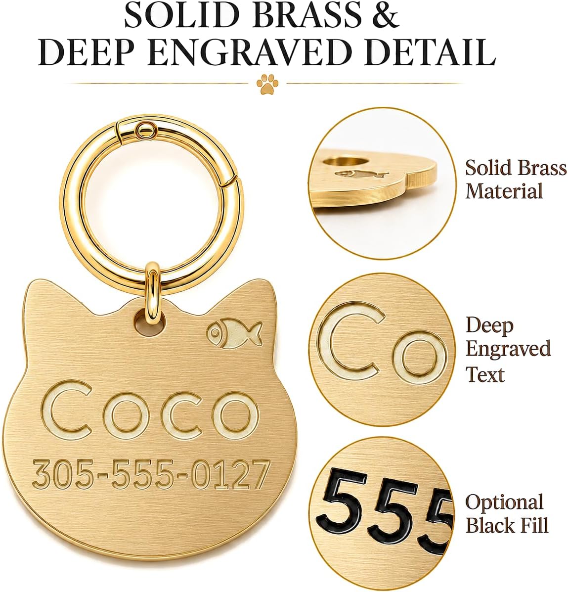 Personalized Cat Tag, Solid Brass Cat ID Tag, Deep Engraved Pet Name Tag
