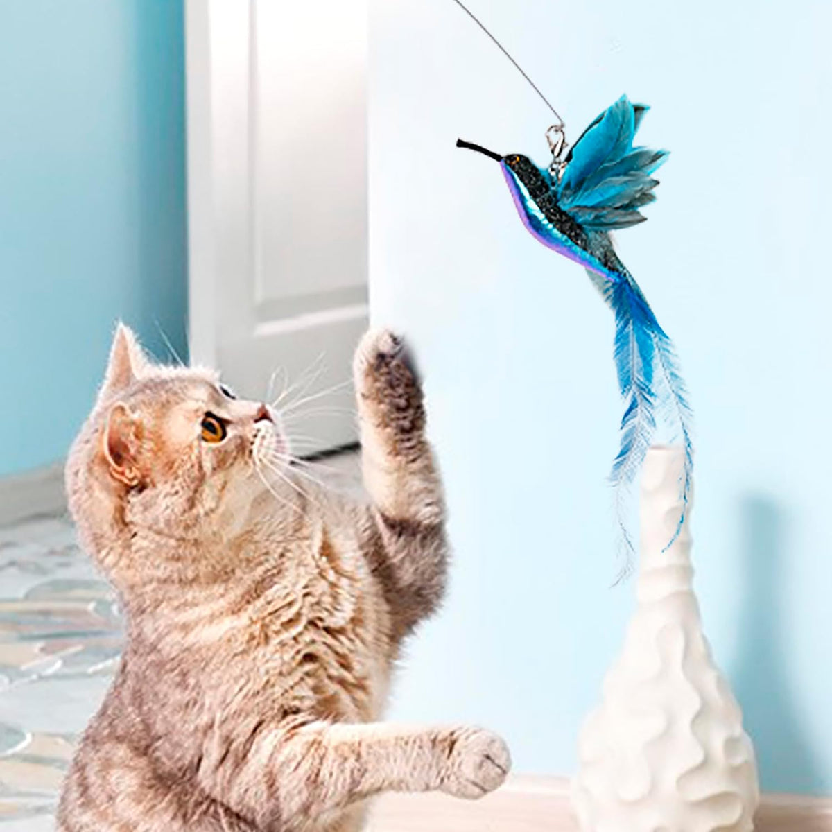 JXFUKAL Cat Feather Toy Refills, 6Pcs Simulation Bird Mouse Bee Worm Feather Cat Lures Wand Attachment Replacement for K
