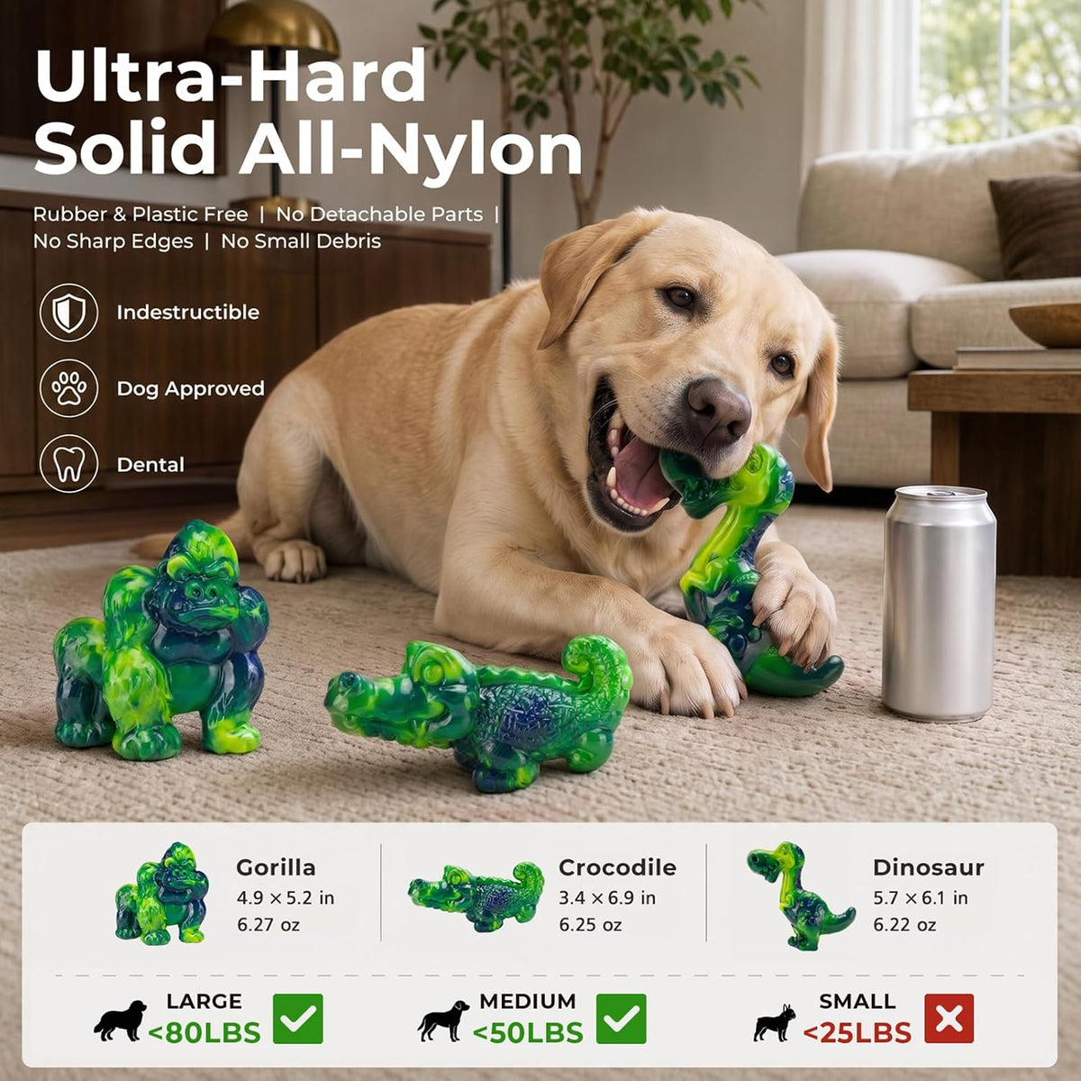 3-Pack Tough Dog Chew Toys for Aggressive Chewers, 25-80 lbs, Green