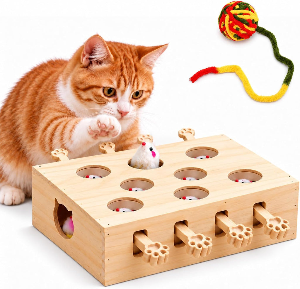 Wooden Whack-A-Mole Pet Game for Dog Cat Interactive Pop Up Puzzle Box, Solid Wood Interactive Cat Toy for Boredom Relie