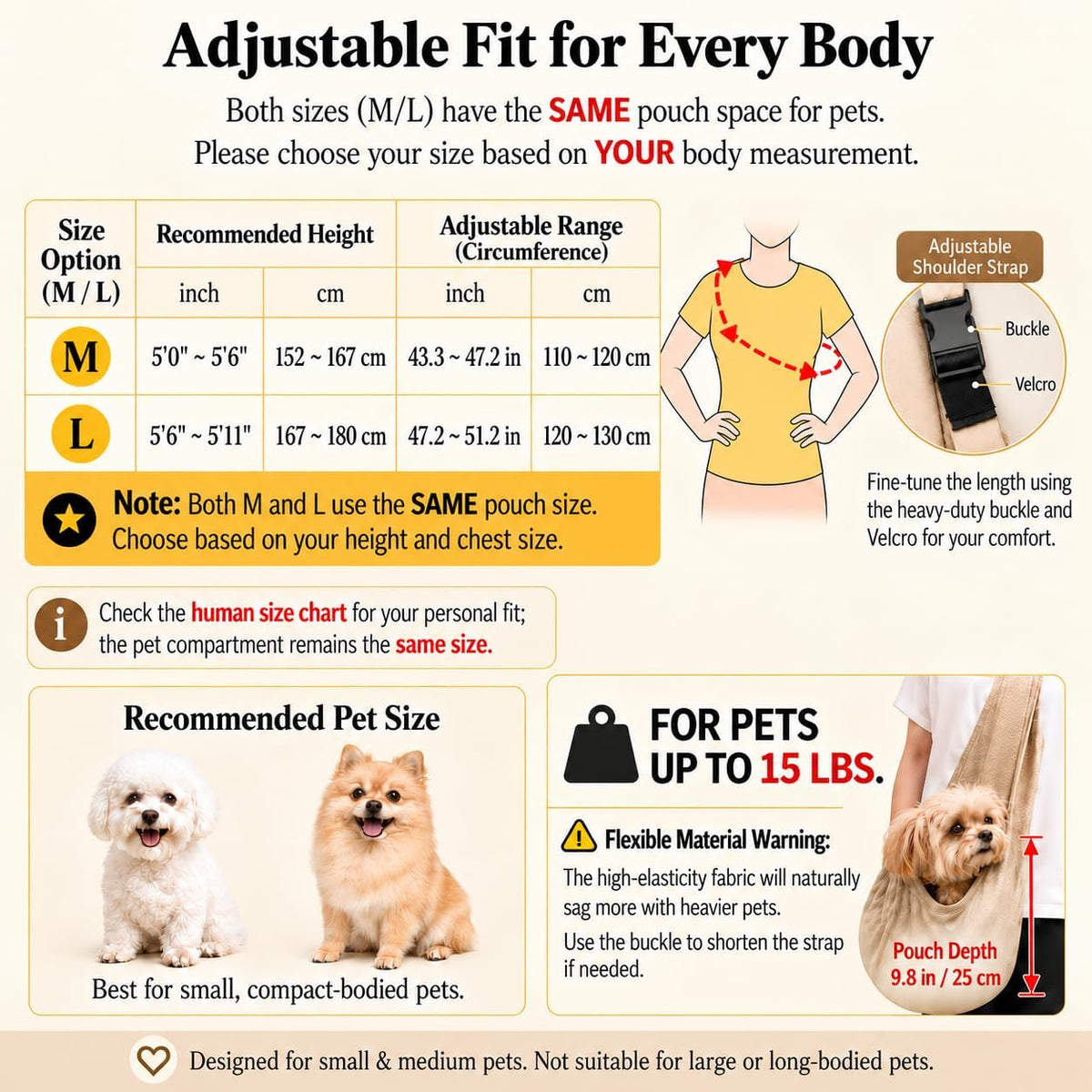 Dog Sling Carrier for Small Dogs up to 15 lbs, Hands-Free, Size L