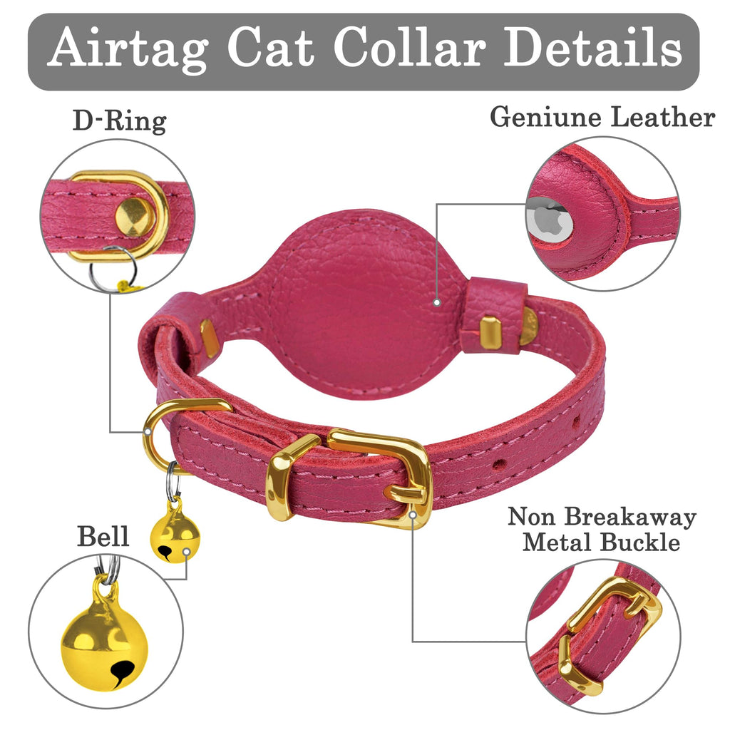 OOPSDOGGY Leather AirTag Cat Collar with Bell - Non Breakaway Kitten Collar with Apple Air Tag Holder - Lightweight GPS Pet Collars for Girl Boy Cats, Small Dogs, Puppies (Pink)
