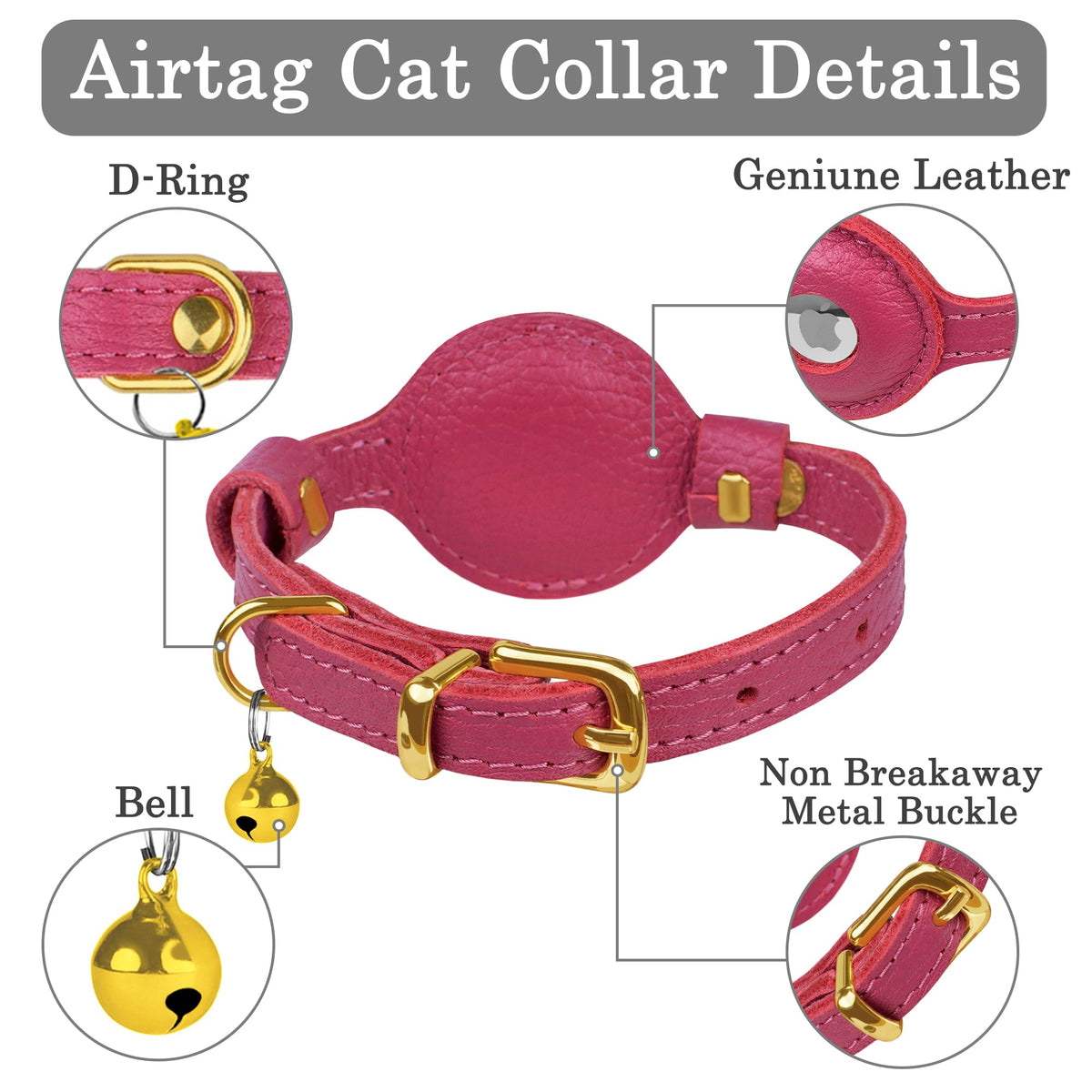 OOPSDOGGY Leather AirTag Cat Collar with Bell - Non Breakaway Kitten Collar with Apple Air Tag Holder - Lightweight GPS Pet Collars for Girl Boy Cats, Small Dogs, Puppies (Pink)